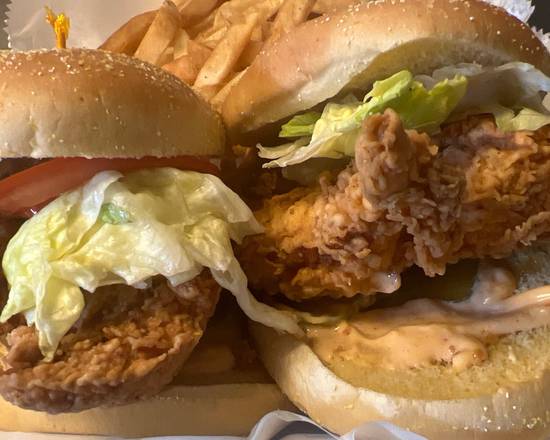 2 chicken sandwiches & fries