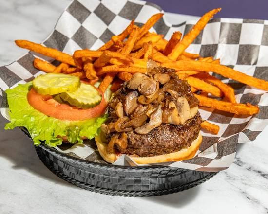 Burger, Sautéed Mushrooms and Onions