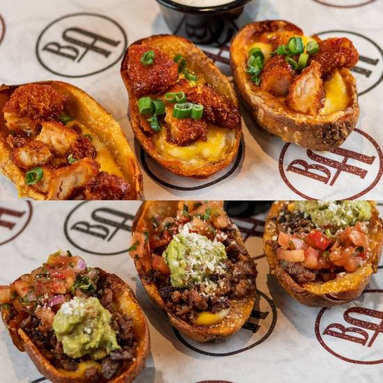 Carne Asada & Honey Sriracha Chicken Potato Skin Sampler