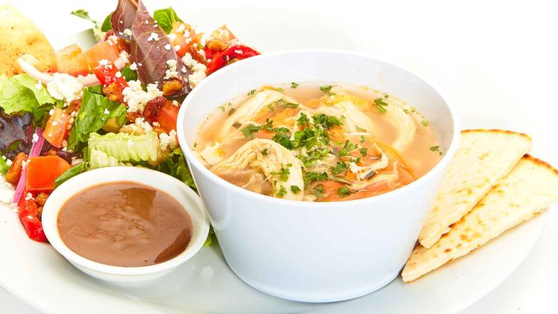 Greek Lemon Chicken Soup with Mediterranean Salad