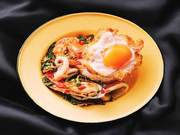 Pad Ka-Prow Mixed Seafood with Fried Egg
