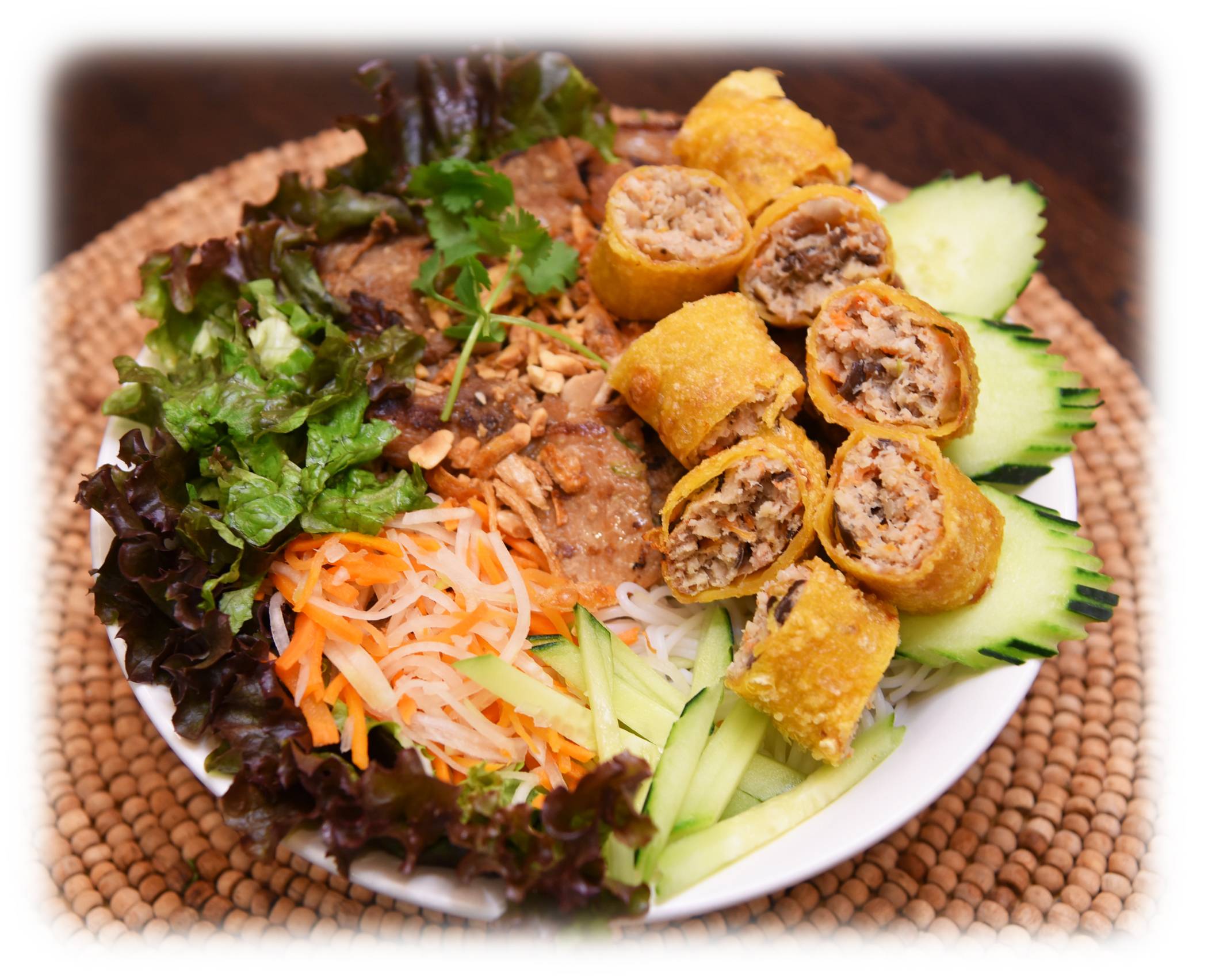 Salad Bowl with Vermicelli topped Grilled Pork and Eggroll (To Bun Thit Nuong Cha Gio)